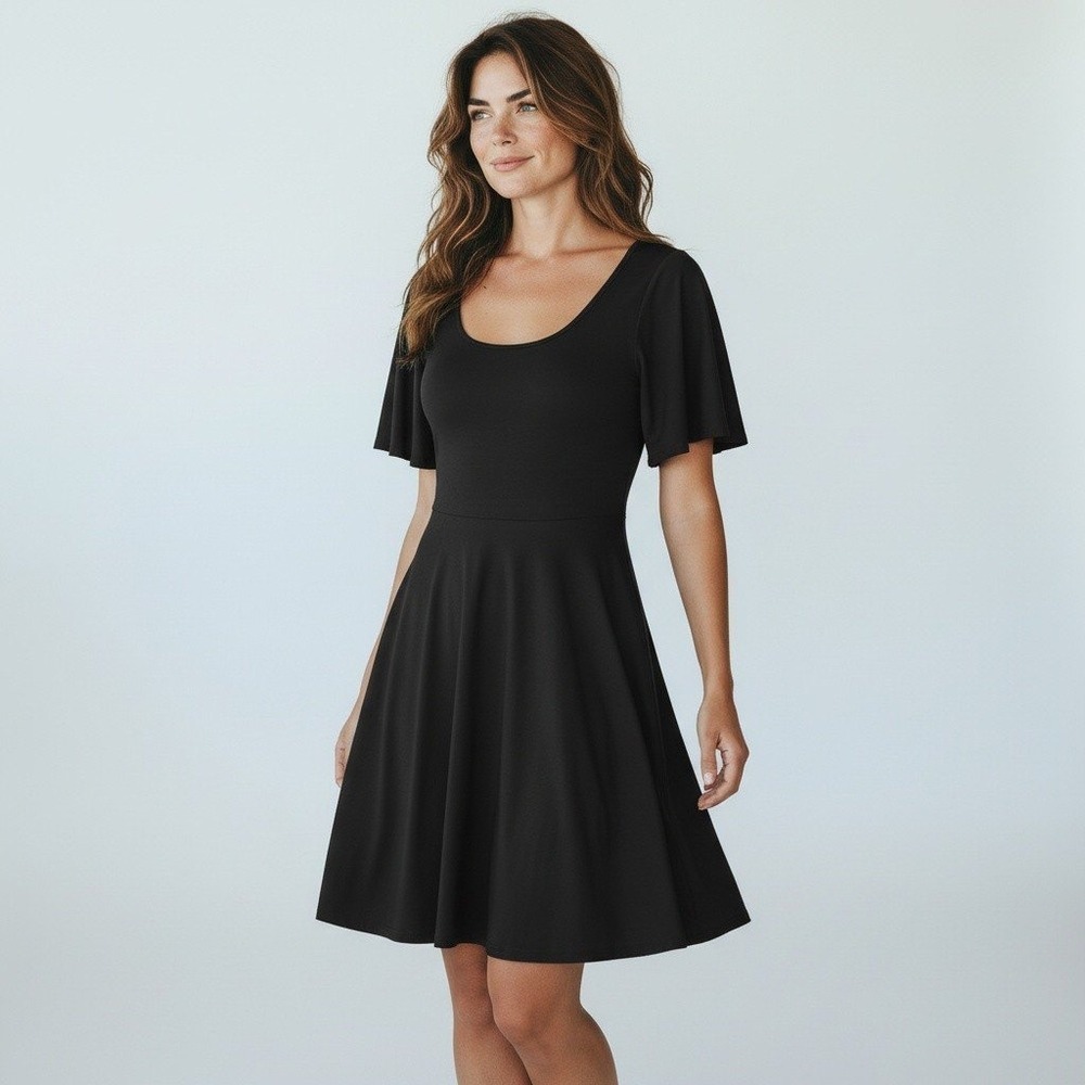 Little Black Dress Flutter Sleeve Fit & Flare Scoop Neck Dress SZ S Minimalist